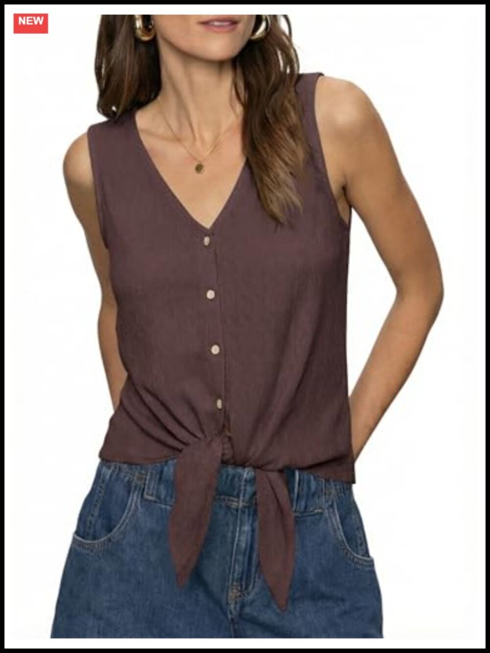 Women's Tie Front Button Down Sleeveless V-Neck Tank Top Textured Knit Summer